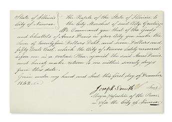 (MORMONS.) Smith, Joseph. A pair of legal documents signed by Joseph Smith in cases against the Nauvoo postmaster.